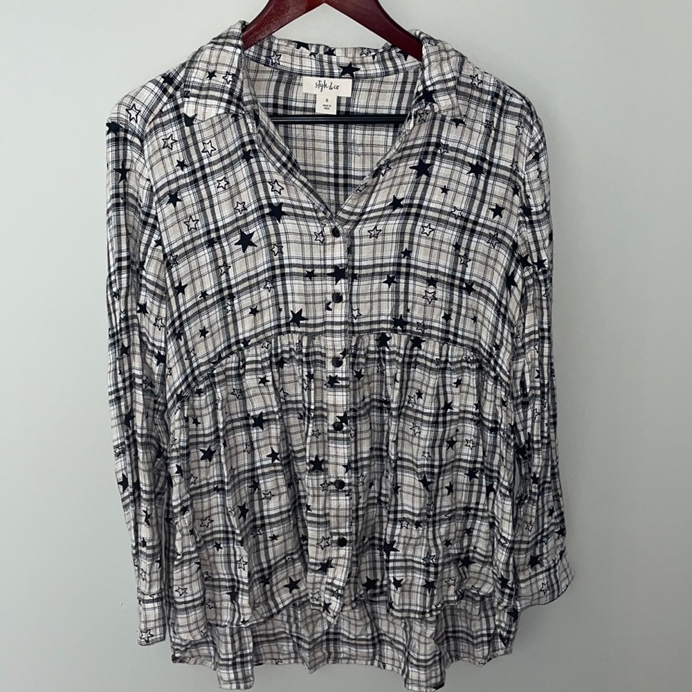 Oversized Flannel Blouse Button Down Tan, Black and White